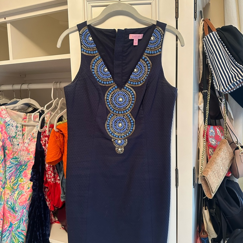 Lilly Pulitzer Elegant Beaded Navy Dress Shift Dress